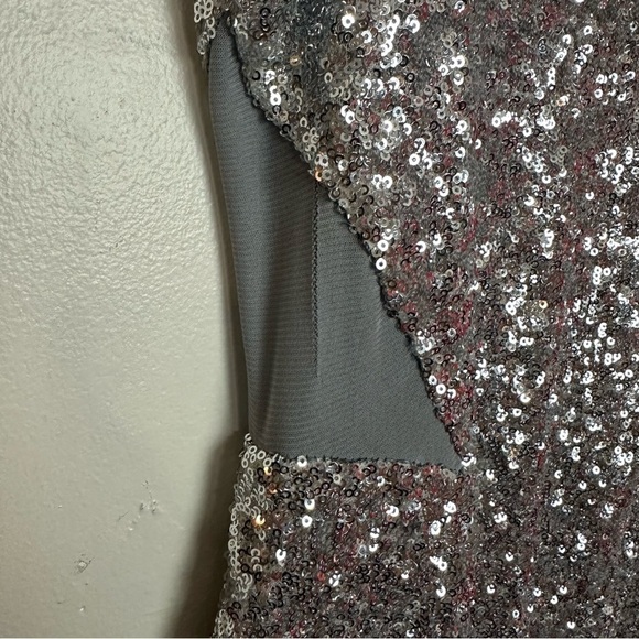 Bebe Silver Sequin Bodycon Sleeveless Mini Dress with Mesh Cutouts - Picture 12 of 14